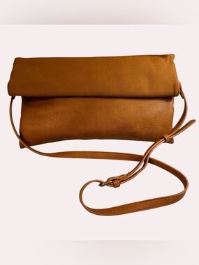 Anthropologie Foldover Crossbody Clutch Brown Faux Leather Boho Minimalist